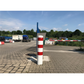 Barrier bollard | Steel tube  273 x 5 mm | stationary | for setting in concrete | hot-dip galvanized and white coatedwith three red reflecting stripes | total length: 1500 mm | with welded steel cap